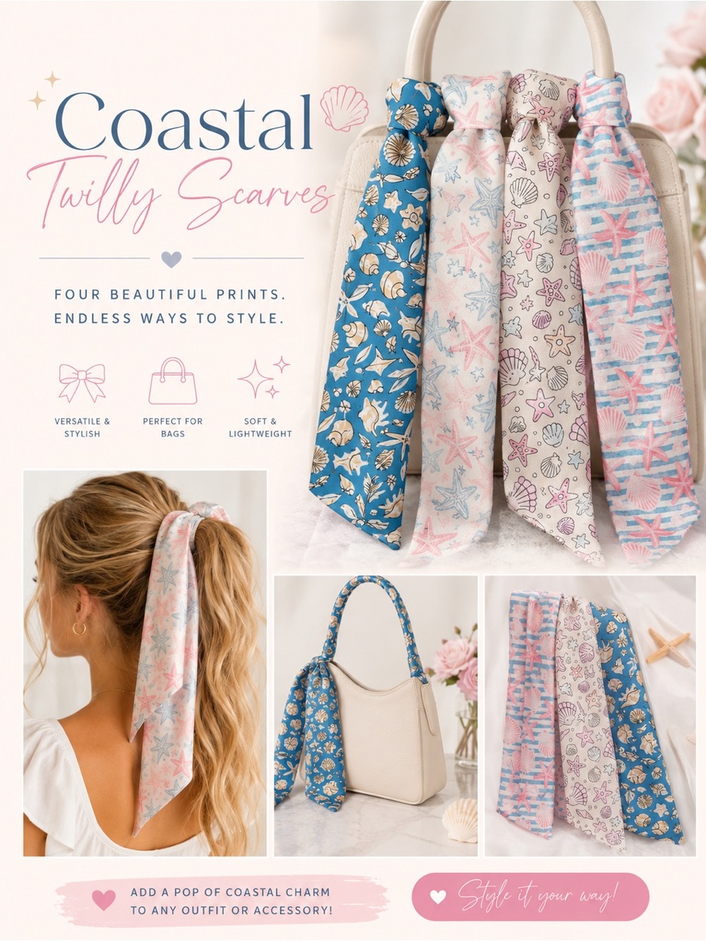 Ella Coastal Twilly Scarves - Blue, Pink & Cream Seashell Prints